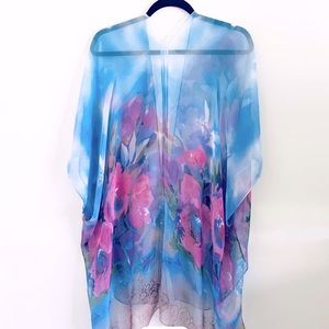 Pink and Blue Floral Kimono Bathing Suit Cover Up Shawl